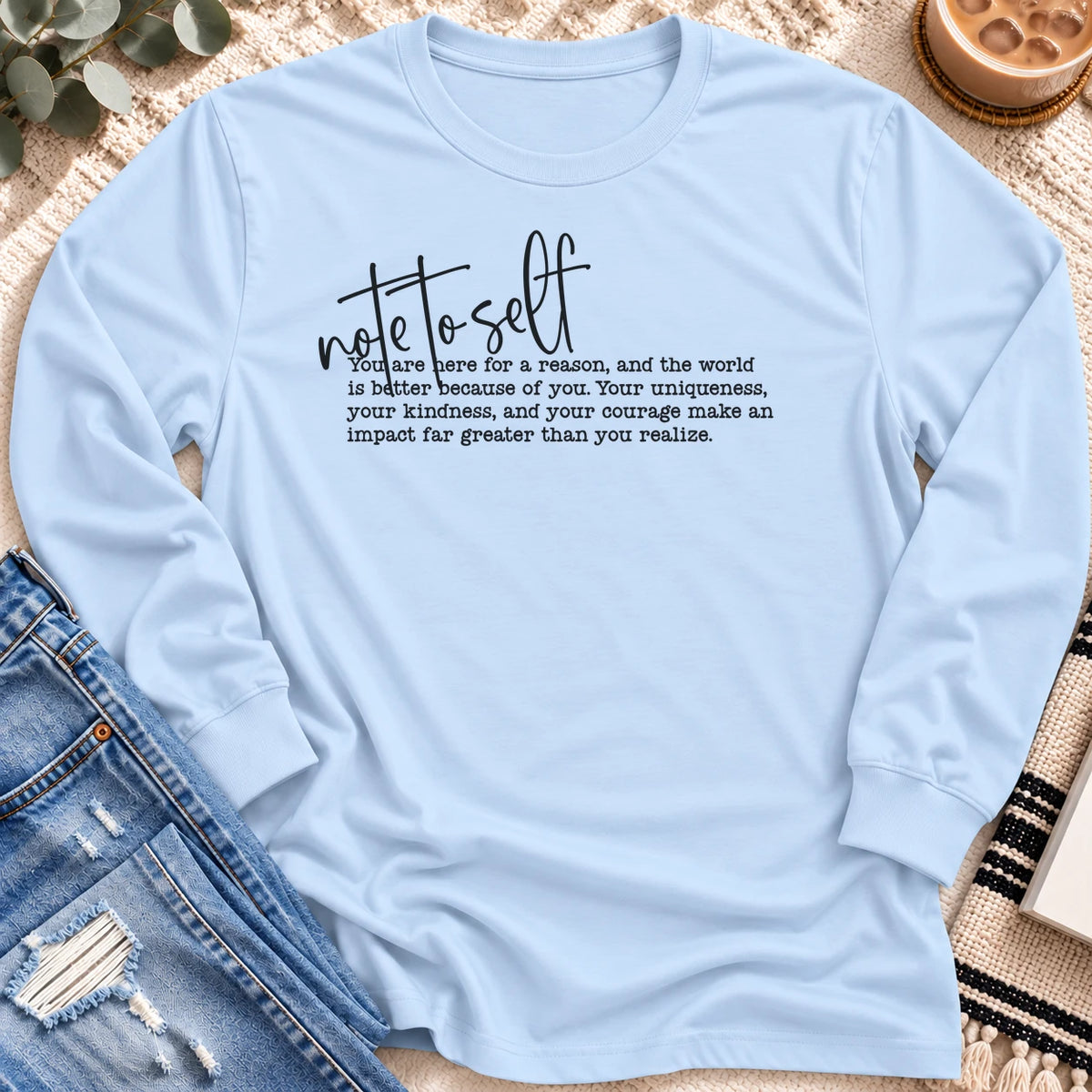 Note to Self Long Sleeve in Light Blue - Quiet Chaos Co unisex mental health long sleeve