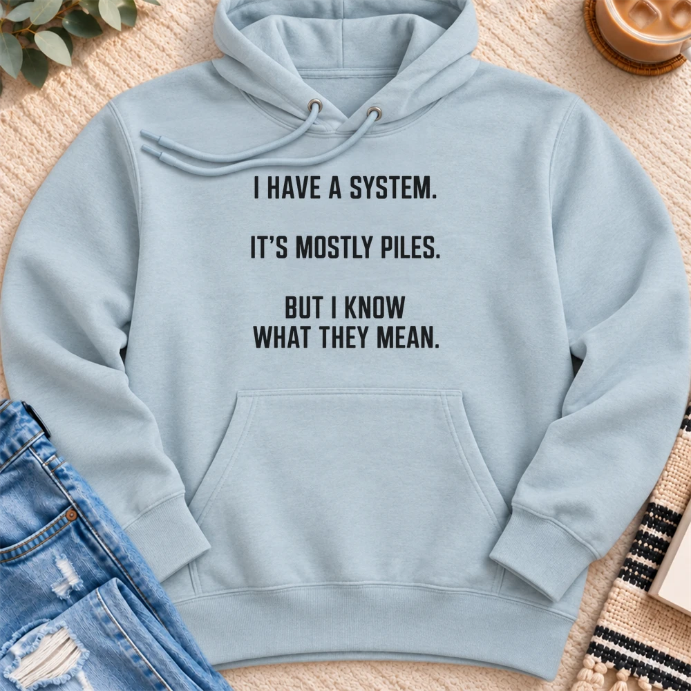 I Have a System, It's Mostly Piles Premium Hoodie in Blue Mist - Quiet Chaos Co unisex mental health hoodie