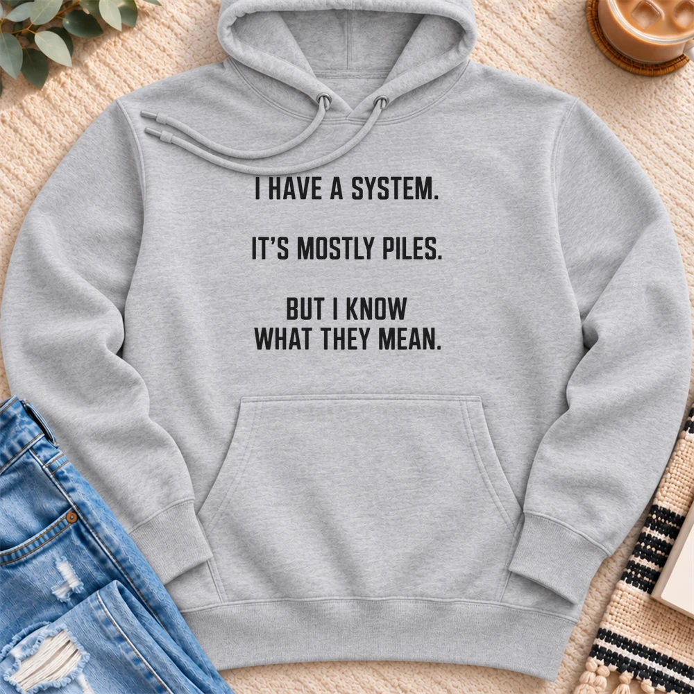 I Have a System, It's Mostly Piles Premium Hoodie in Heather Grey - Quiet Chaos Co unisex mental health hoodie