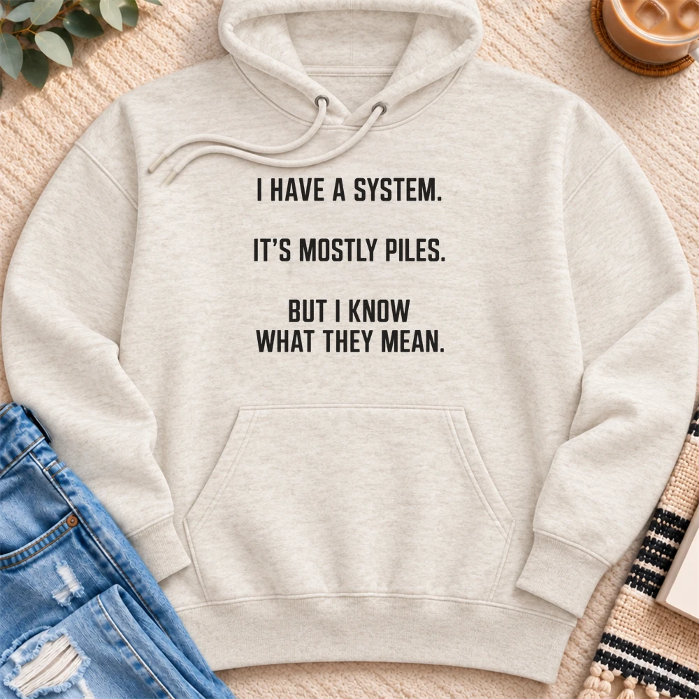 I Have a System, It's Mostly Piles Premium Hoodie in Oatmeal Heather - Quiet Chaos Co unisex mental health hoodie