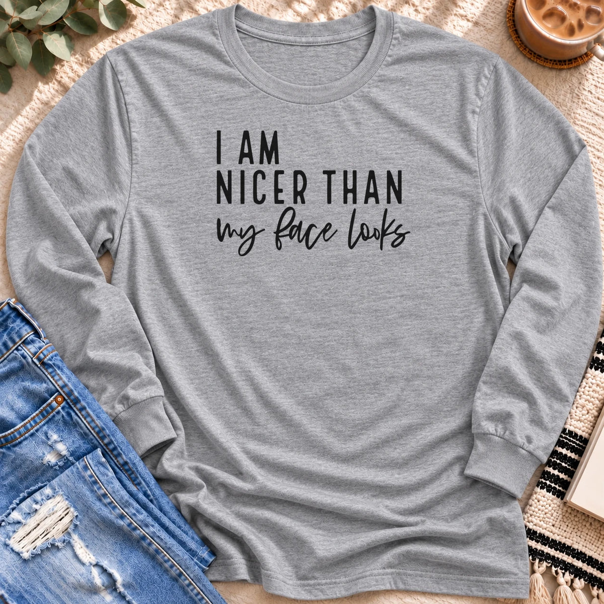 I'm Nicer Than My Face Looks Long Sleeve in Sport Grey - Quiet Chaos Co unisex mental health long sleeve tee