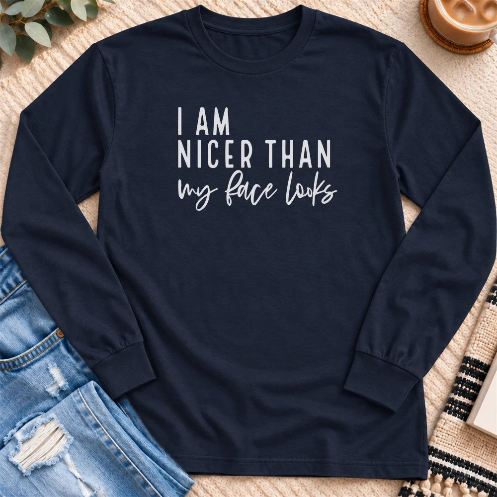 I'm Nicer Than My Face Looks Long Sleeve in Navy - Quiet Chaos Co unisex mental health long sleeve tee