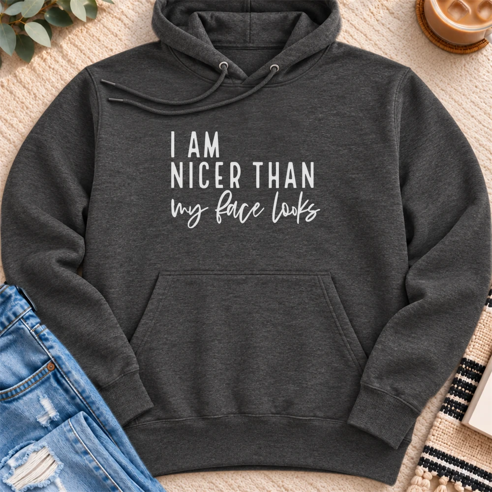 I'm Nicer Than My Face Looks Premium Hoodie in Charcoal Heather - Quiet Chaos Co unisex mental health hoodie