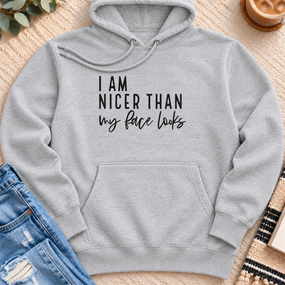 I'm Nicer Than My Face Looks Premium Hoodie in Heather Grey - Quiet Chaos Co unisex mental health hoodie