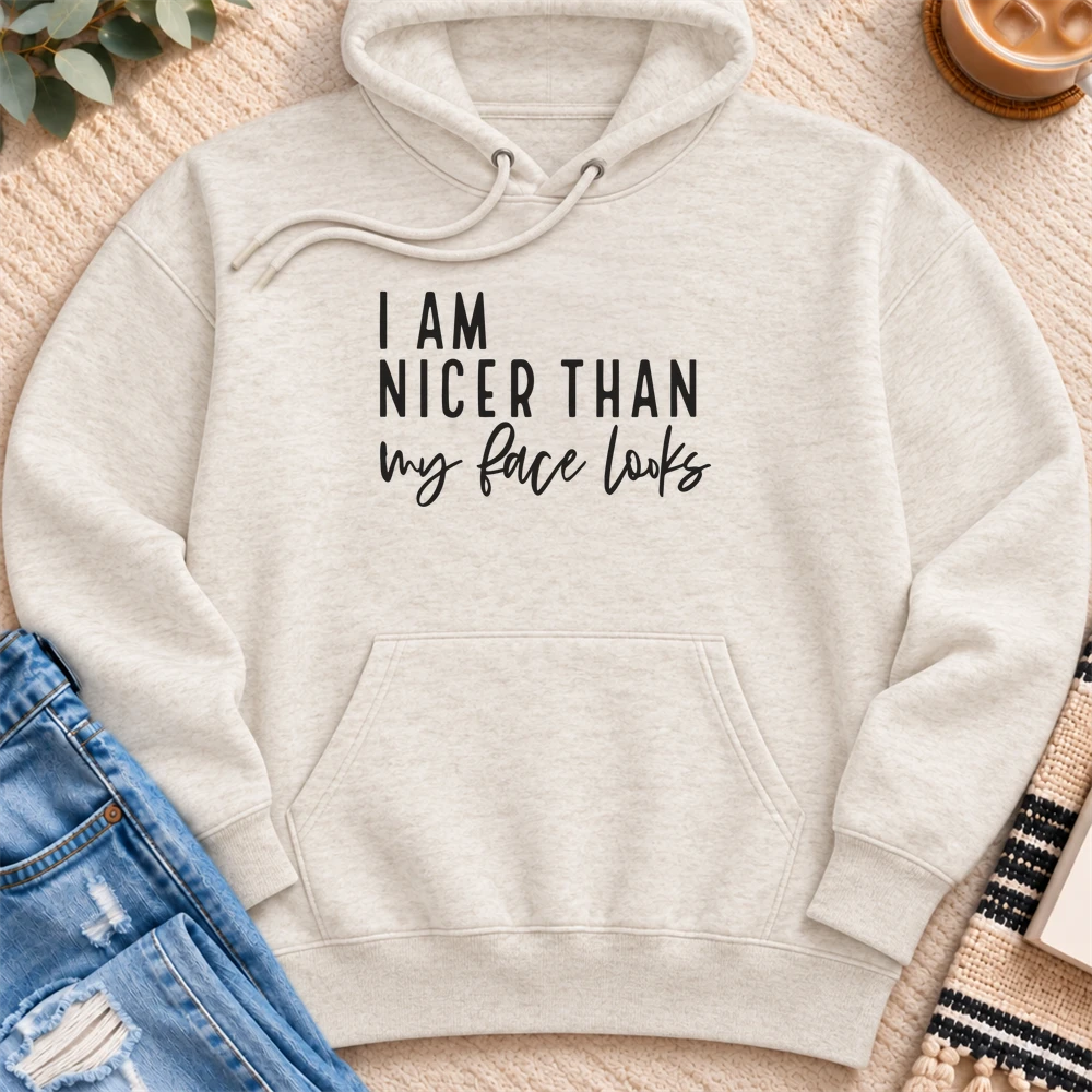 I'm Nicer Than My Face Looks Premium Hoodie in Oatmeal Heather - Quiet Chaos Co unisex mental health hoodie