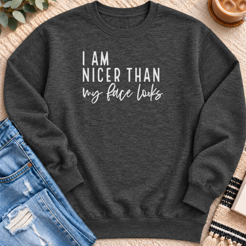 I'm Nicer Than My Face Looks Sweatshirt in Charcoal Heather - Quiet Chaos Co unisex mental health sweatshirt