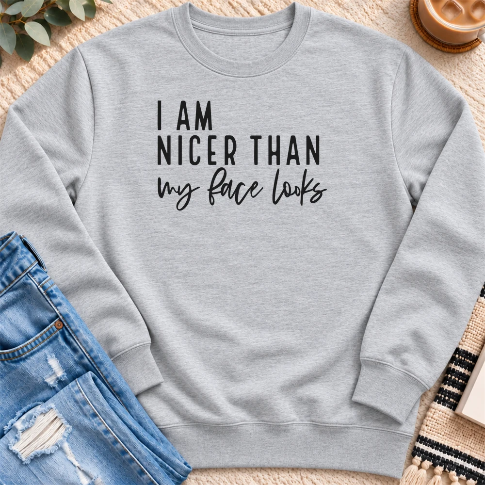 I'm Nicer Than My Face Looks Sweatshirt in Heather Grey - Quiet Chaos Co unisex mental health sweatshirt