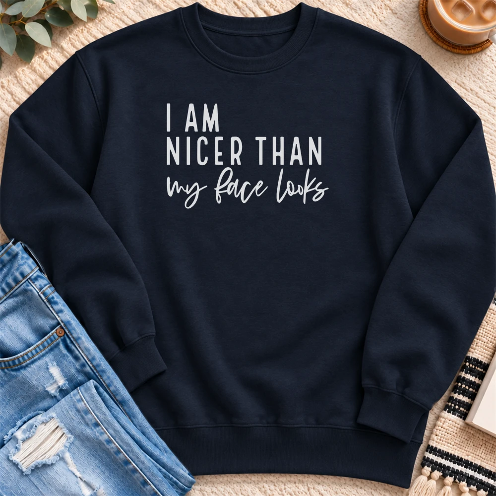 I'm Nicer Than My Face Looks Sweatshirt in Navy - Quiet Chaos Co unisex mental health sweatshirt