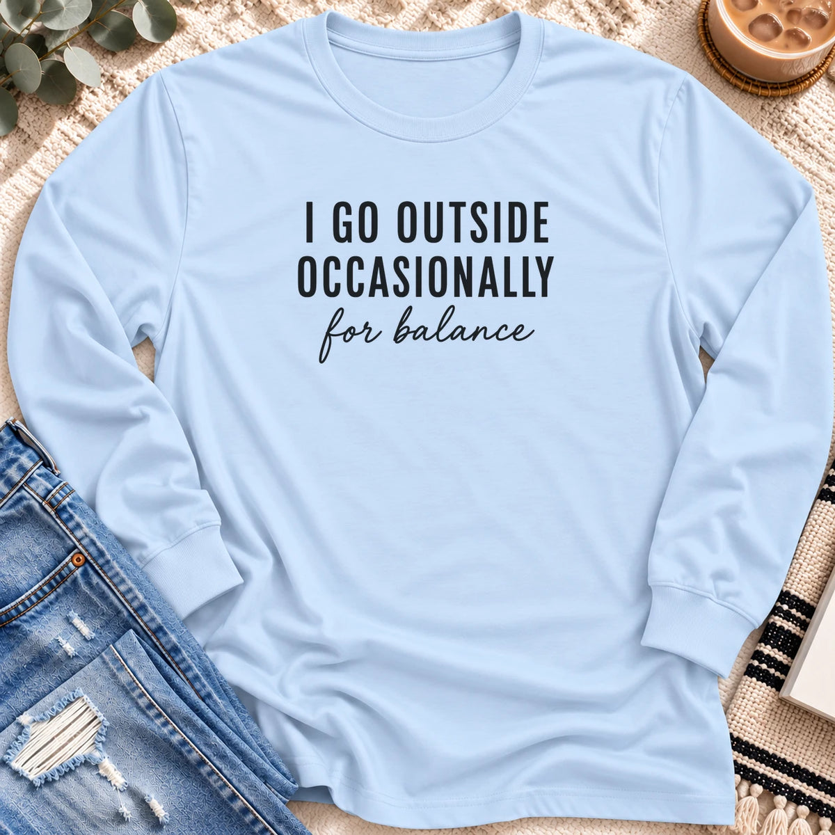 I go Outside Occasionally Long Sleeve in Light Blue - Quiet Chaos Co unisex mental health long sleeve tee