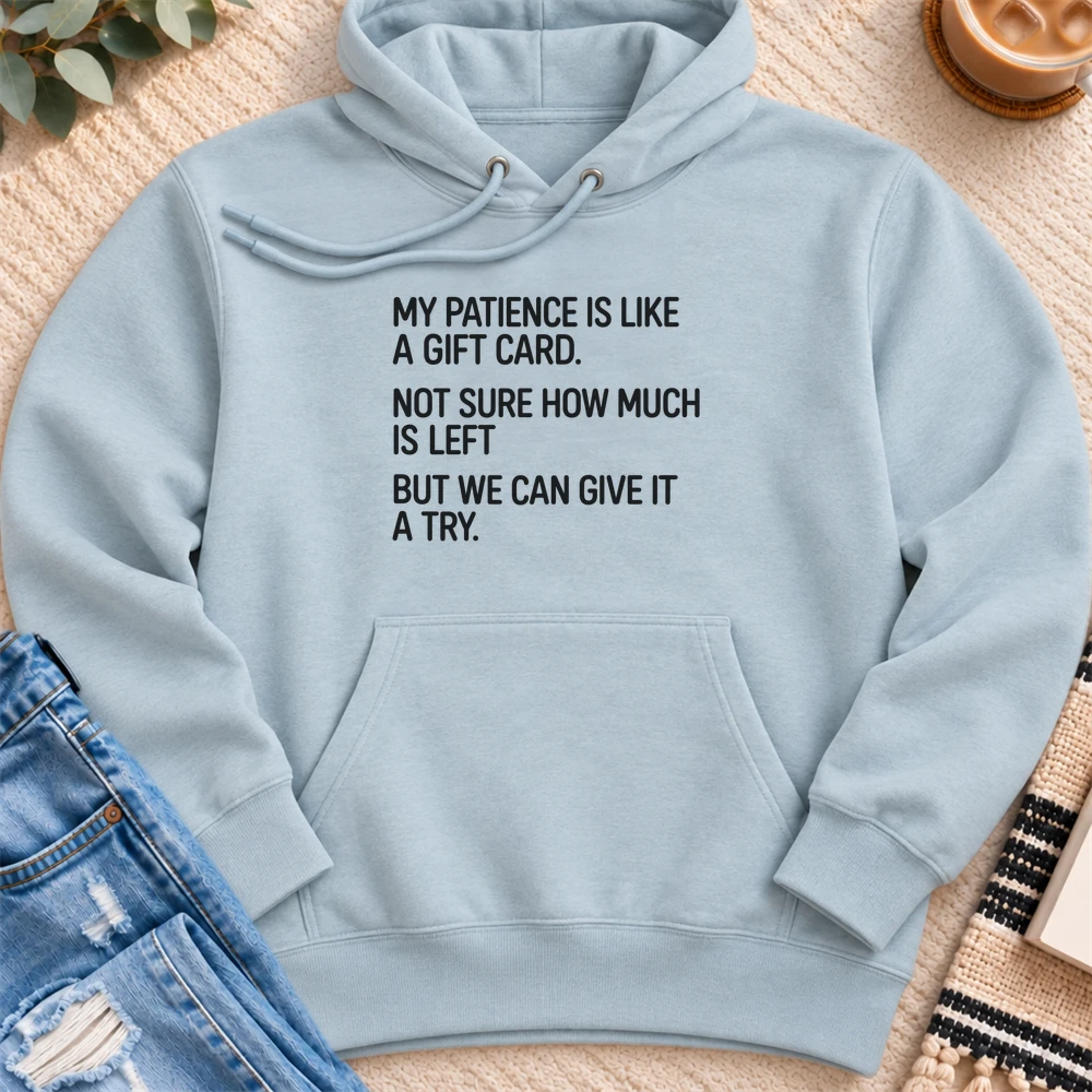 Patience Like a Gift Card Premium Hoodie in Blue Mist - Quiet Chaos Co unisex mental health hoodie