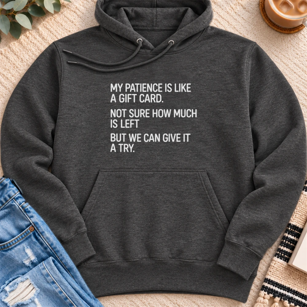 Patience Like a Gift Card Premium Hoodie in Charcoal Heather - Quiet Chaos Co unisex mental health hoodie
