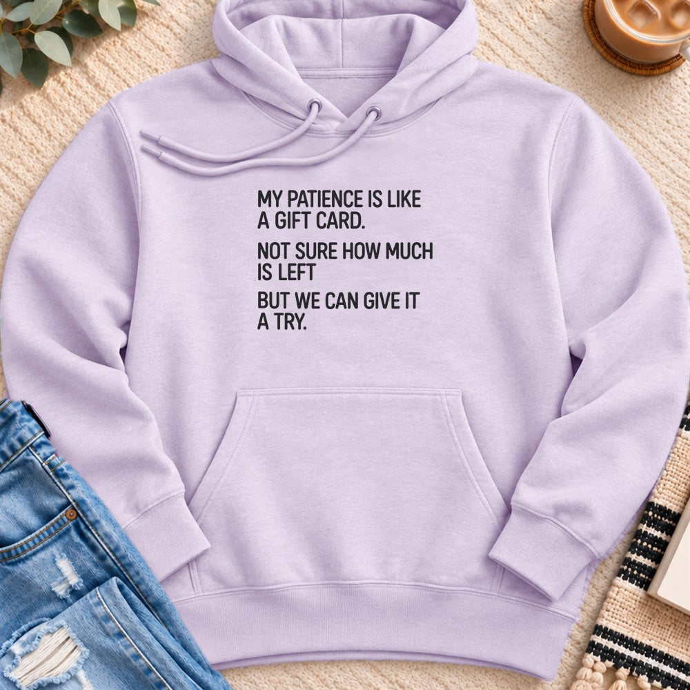 Patience Like a Gift Card Premium Hoodie in Lilac - Quiet Chaos Co unisex mental health hoodie