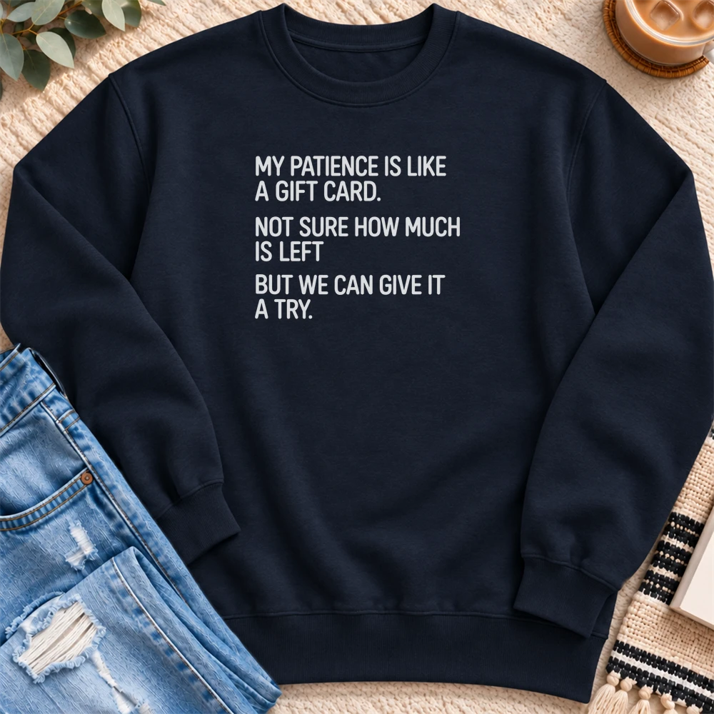 Patience Like a Gift Card Sweatshirt in Navy - Quiet Chaos Co unisex mental health sweatshirt
