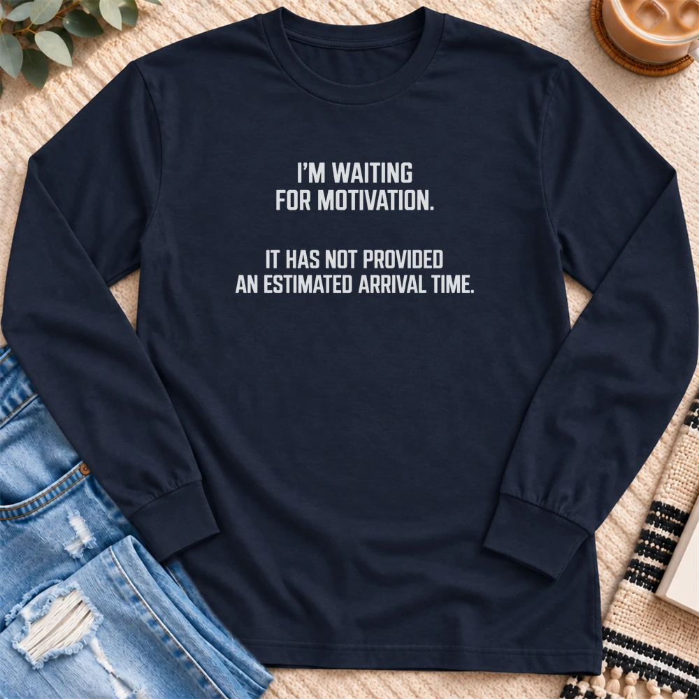 Waiting for Motivation, No Arrival Time Long Sleeve in Navy - Quiet Chaos Co unisex mental health long sleeve tee
