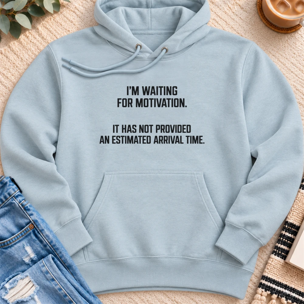 Waiting for Motivation, No Arrival Time Premium Hoodie in Blue Mist - Quiet Chaos Co unisex mental health hoodie