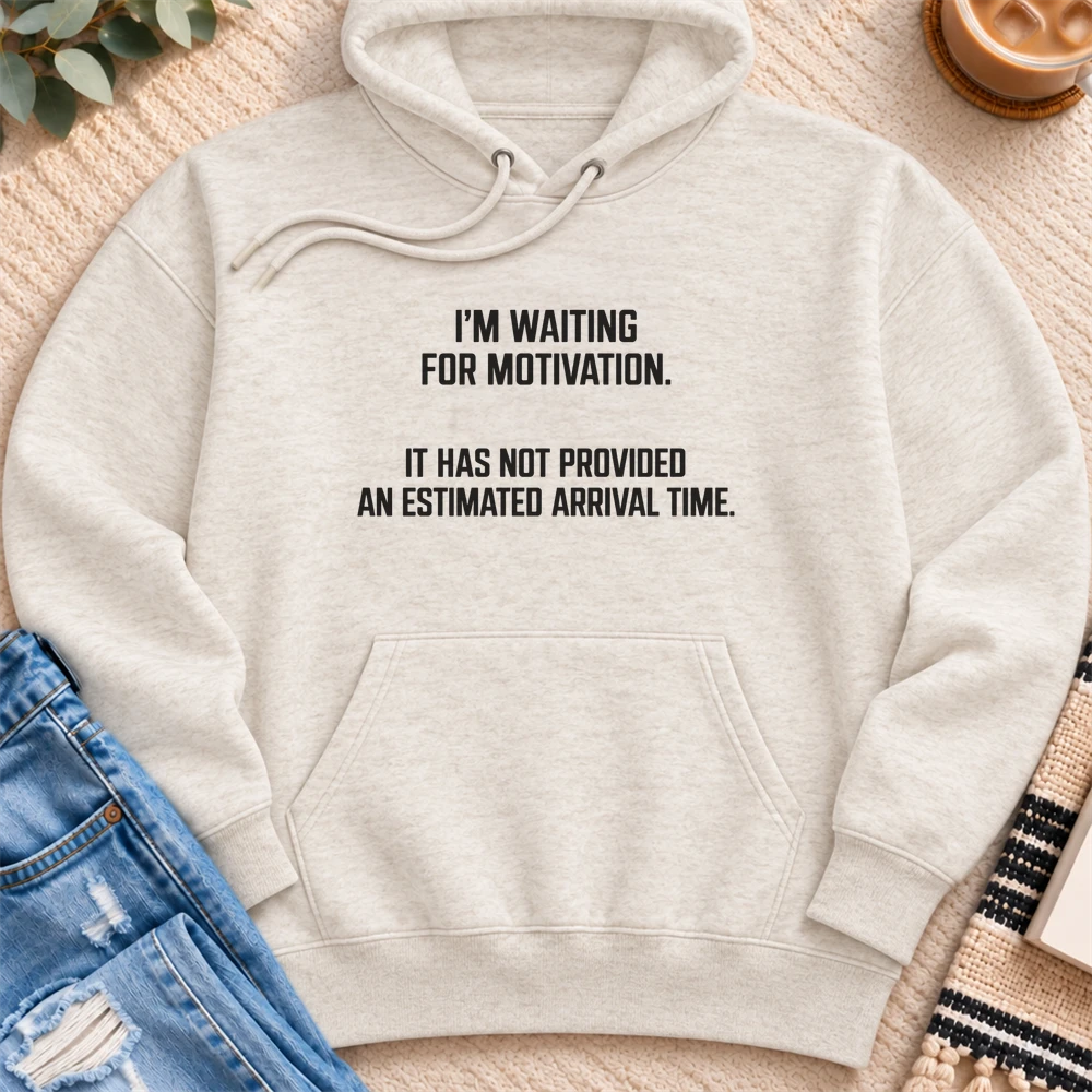 Waiting for Motivation, No Arrival Time Premium Hoodie in Oatmeal Heather - Quiet Chaos Co unisex mental health hoodie