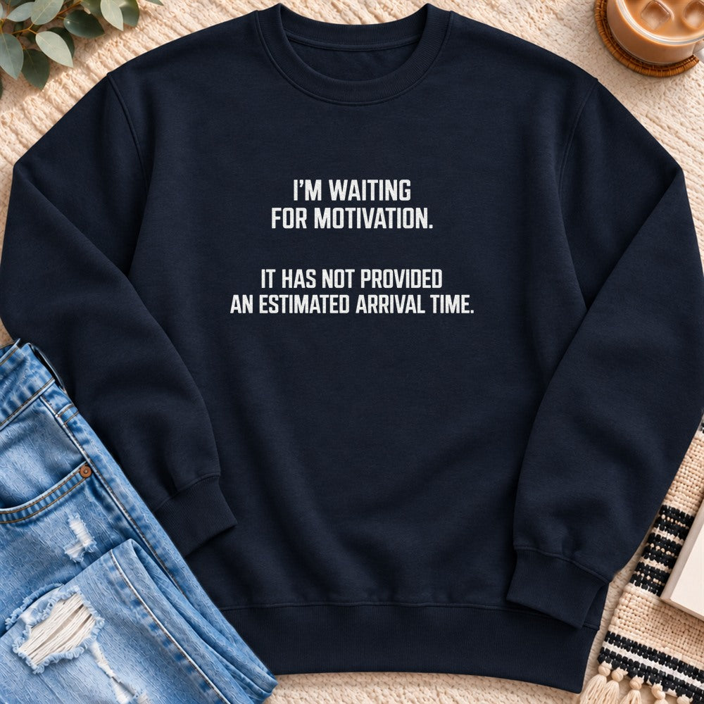 Waiting for Motivation, No Arrival Time Sweatshirt in Navy - Quiet Chaos Co unisex mental health sweatshirt