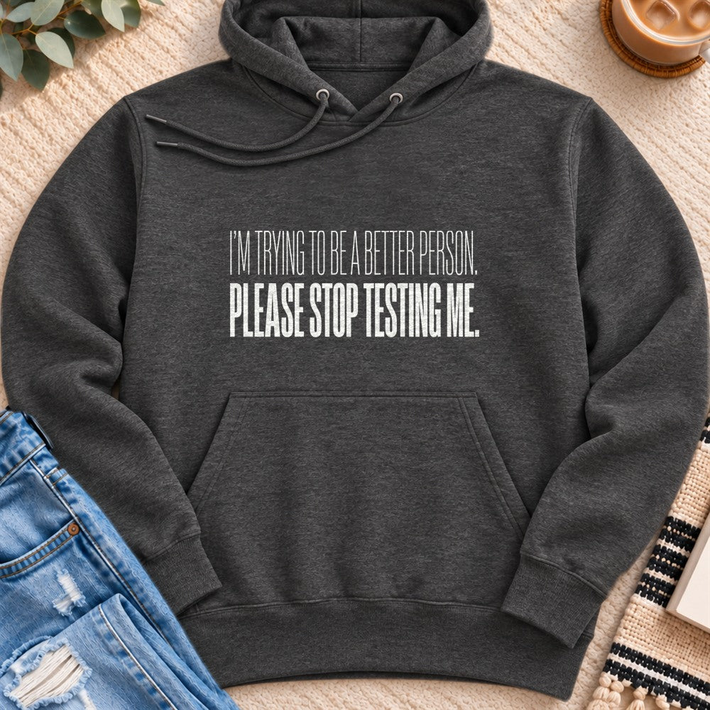 Please Stop Testing Me Premium Hoodie in Charcoal Heather - Quiet Chaos Co unisex mental health hoodie
