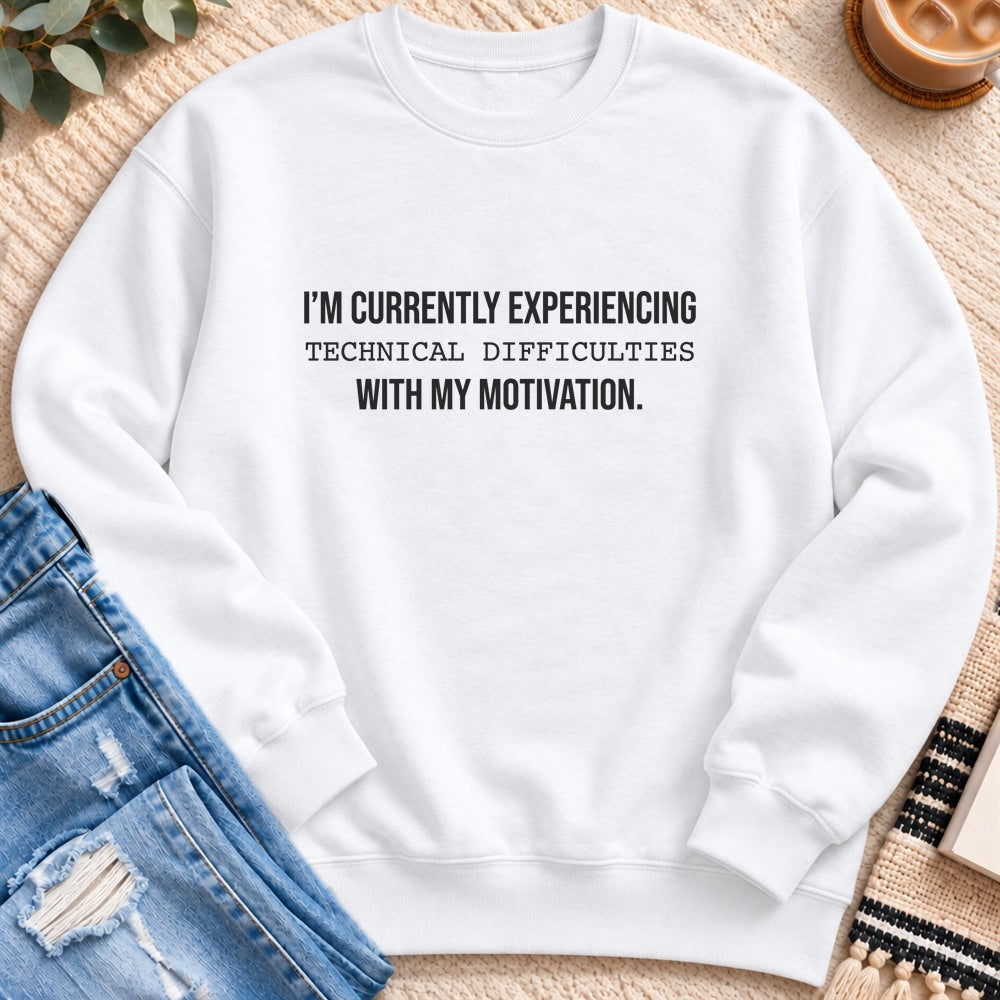 Experiencing Technical Difficulties Sweatshirt in White - Quiet Chaos Co unisex mental health sweatshirt