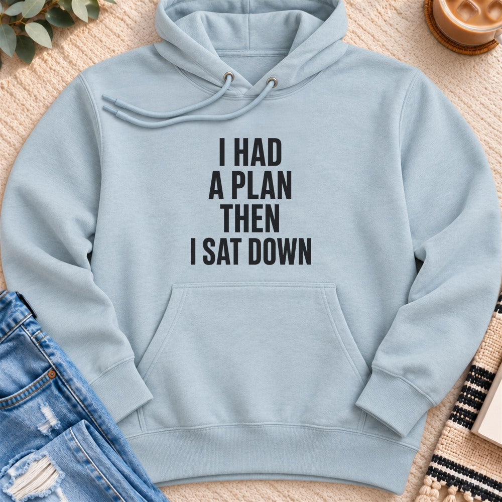I Had a Plan Then I Sat Down Premium Hoodie in Blue Mist - Quiet Chaos Co unisex mental health hoodie