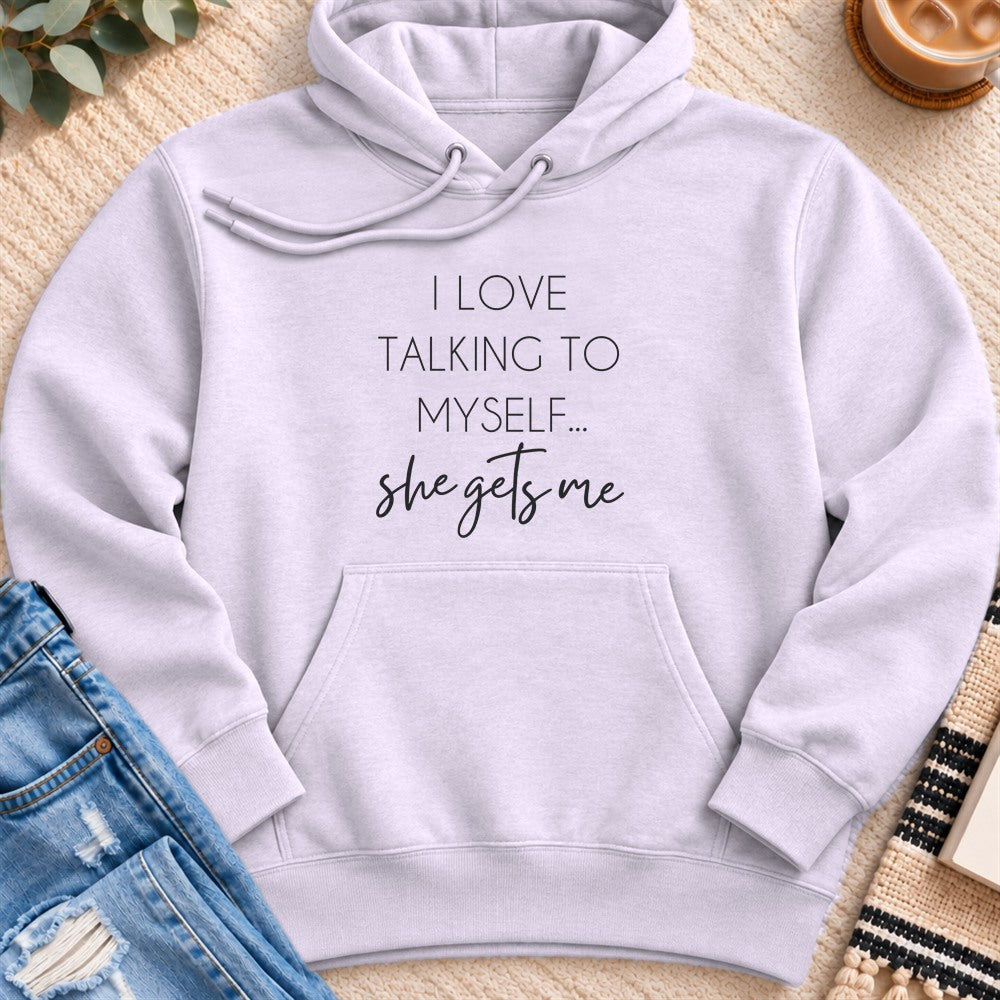 I Love Talking to Myself, She Gets Me Premium Hoodie in Lilac - Quiet Chaos Co unisex mental health hoodie