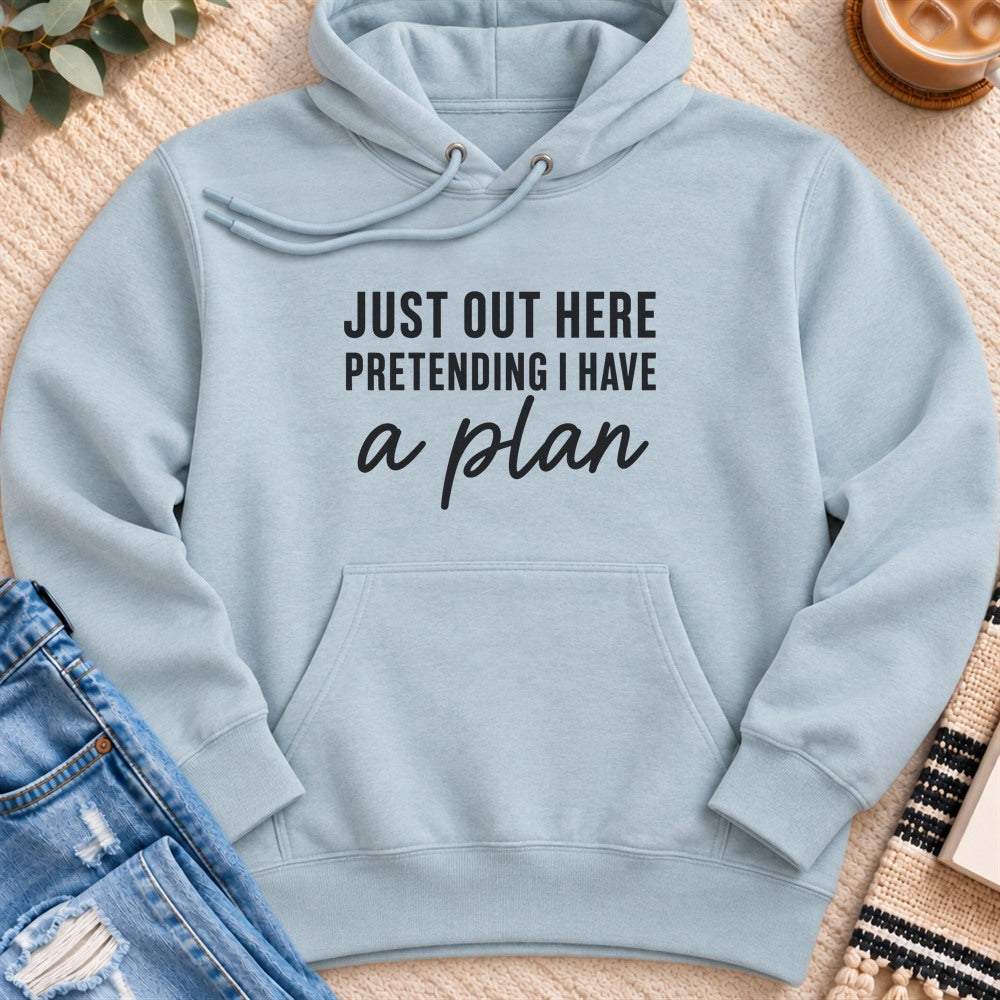 Just Pretending I Have a Plan Premium Hoodie in Blue Mist - Quiet Chaos Co unisex mental health hoodie