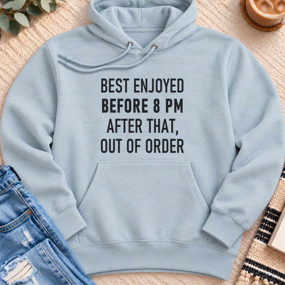 Best Enjoyed Before 8 PM Premium Hoodie in Blue Mist - Quiet Chaos Co unisex mental health hoodie