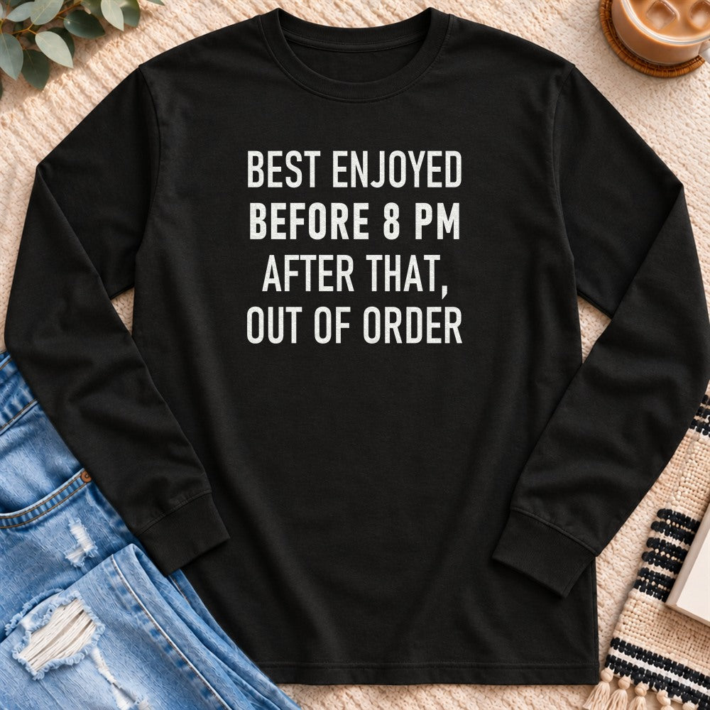 Best Enjoyed Before 8 PM Long Sleeve in Black - Quiet Chaos Co unisex mental health long sleeve tee