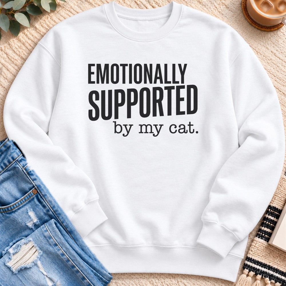 Emotionally Supported by my Cat Sweatshirt in White - Quiet Chaos Co unisex mental health sweatshirt