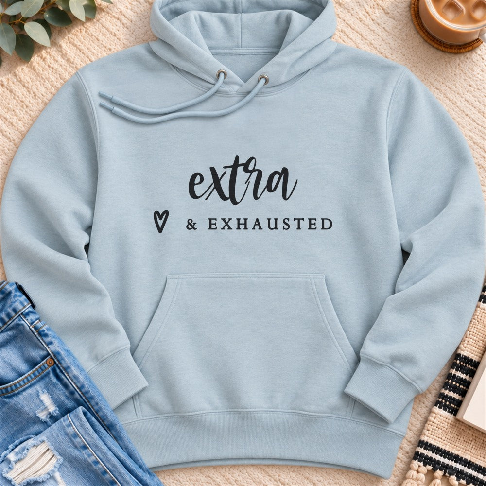 Extra & Exhausted Premium Hoodie in Blue Mist - Quiet Chaos Co unisex mental health hoodie
