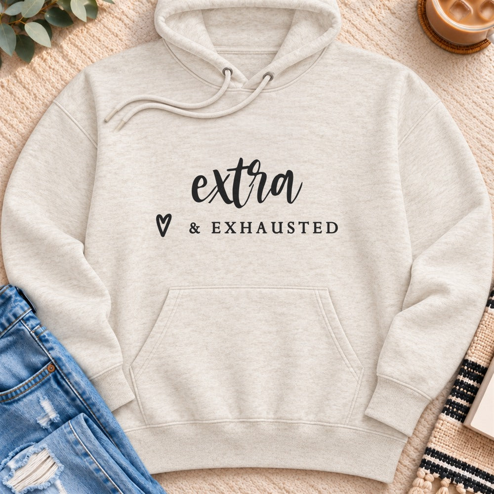 Extra & Exhausted Premium Hoodie in Oatmeal Heather - Quiet Chaos Co unisex mental health hoodie