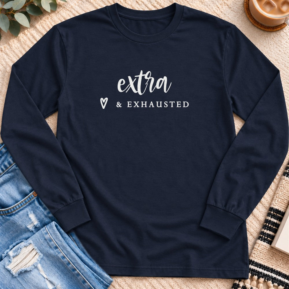 Extra & Exhausted Long Sleeve in Navy - Quiet Chaos Co unisex mental health long sleeve tee