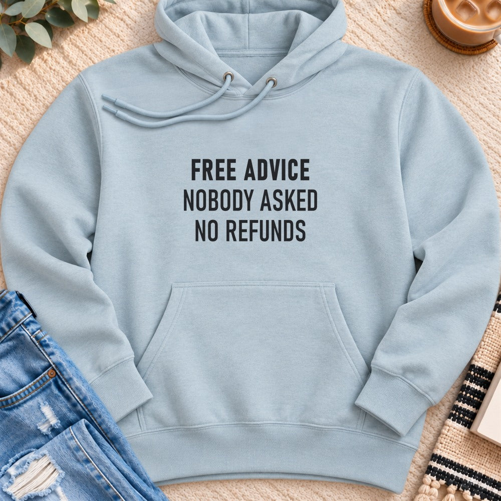 Free Advice, Nobody Asked, No Refunds Premium Hoodie in Blue Mist - Quiet Chaos Co unisex mental health hoodie