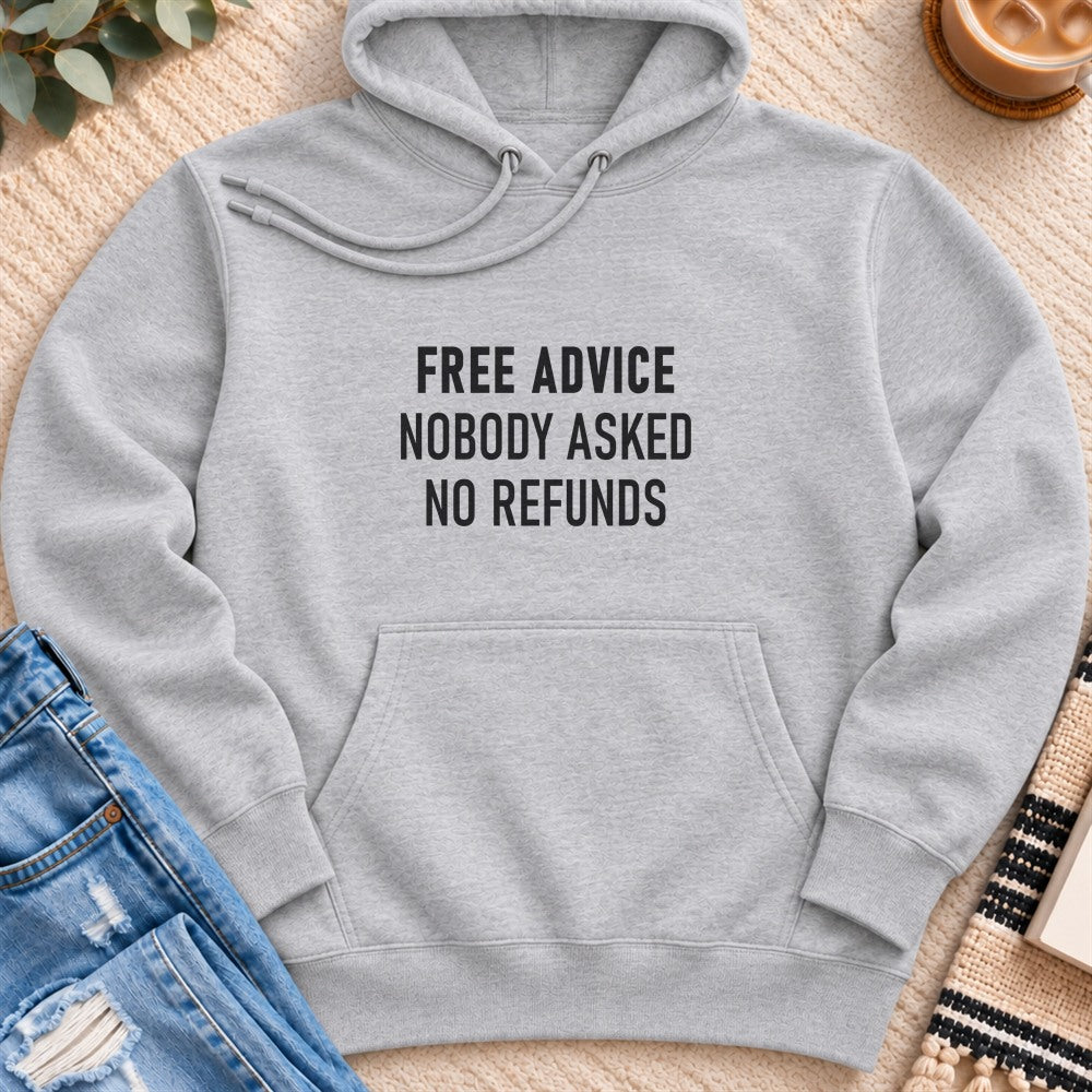 Free Advice, Nobody Asked, No Refunds Premium Hoodie in Heather Grey - Quiet Chaos Co unisex mental health hoodie