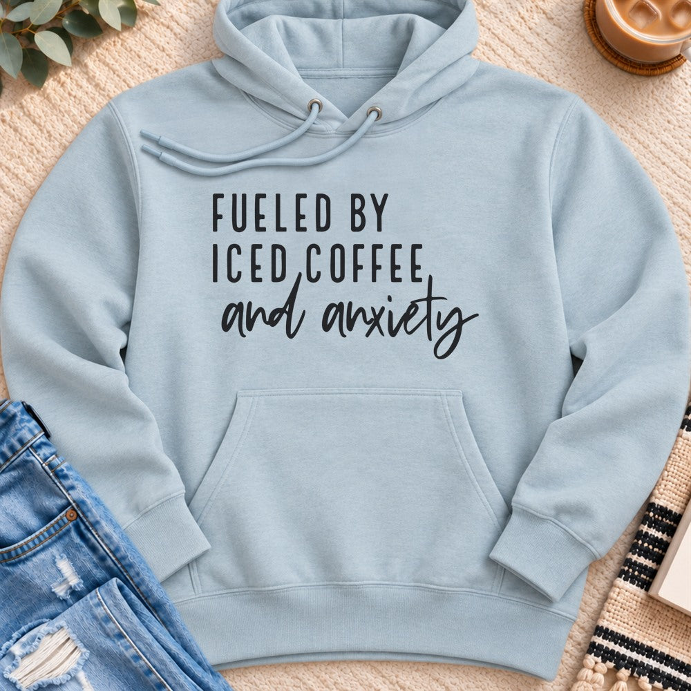 Fueled by Iced Coffee and Anxiety Premium Hoodie in Blue Mist - Quiet Chaos Co unisex mental health hoodie
