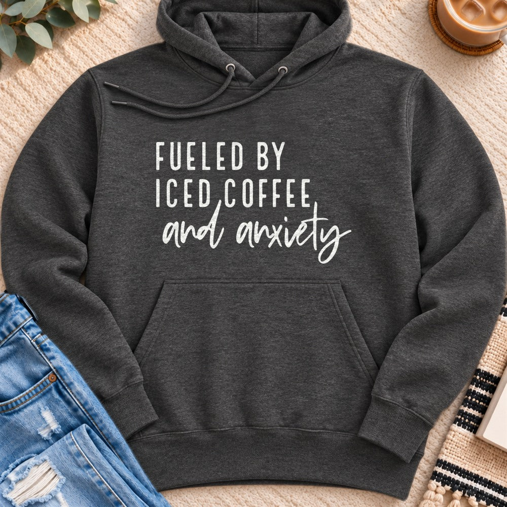 Fueled by Iced Coffee and Anxiety Premium Hoodie in Charcoal Heather - Quiet Chaos Co unisex mental health hoodie