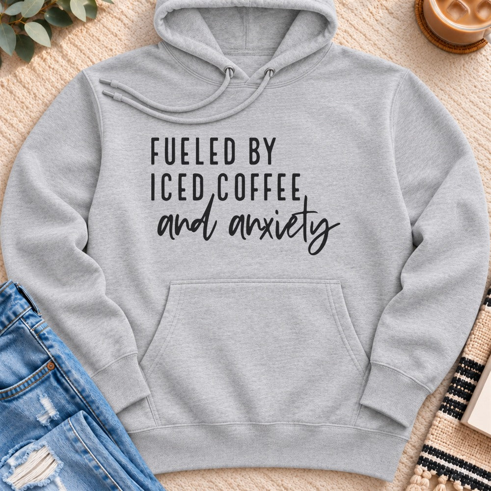 Fueled by Iced Coffee and Anxiety Premium Hoodie in Heather Grey - Quiet Chaos Co unisex mental health hoodie