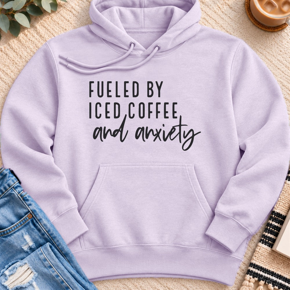 Fueled by Iced Coffee and Anxiety Premium Hoodie in Lilac - Quiet Chaos Co unisex mental health hoodie