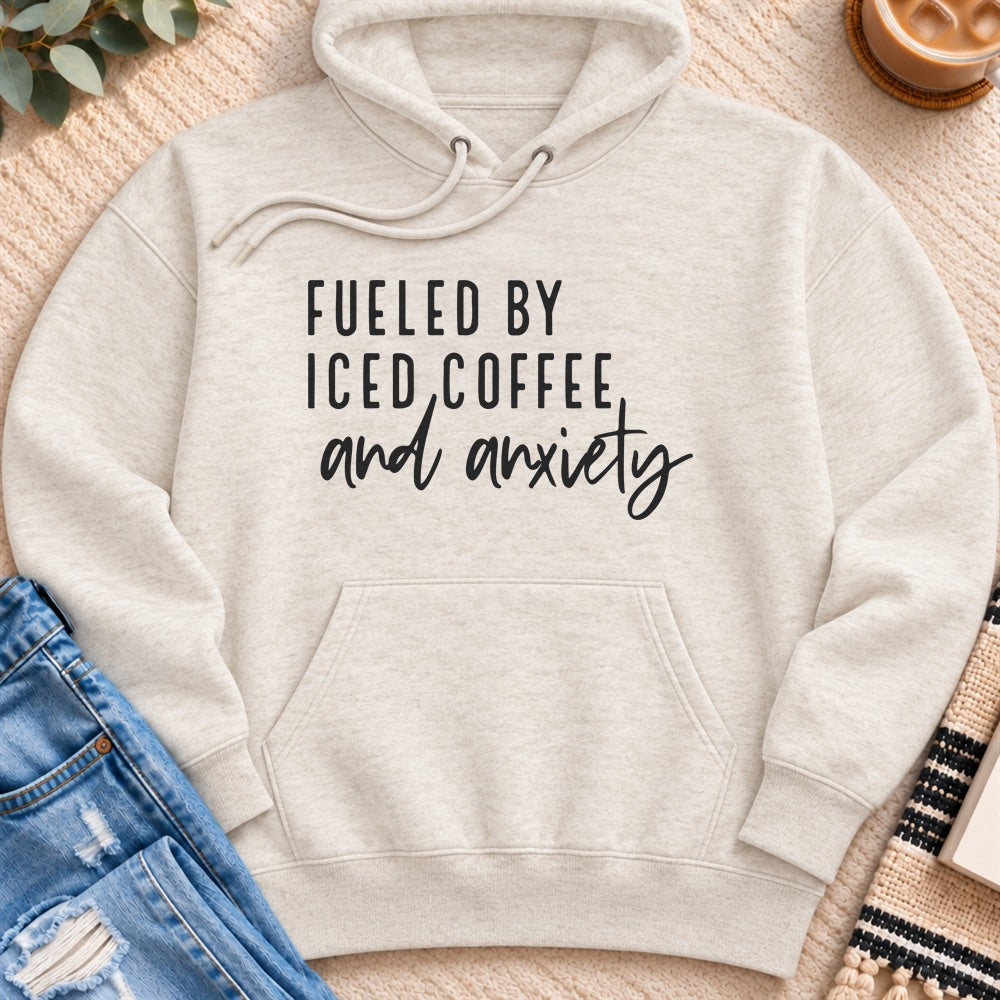 Fueled by Iced Coffee and Anxiety Premium Hoodie in Oatmeal Heather - Quiet Chaos Co unisex mental health hoodie