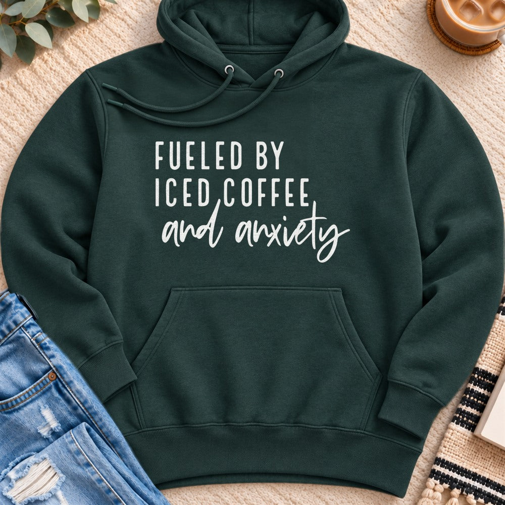 Fueled by Iced Coffee and Anxiety Premium Hoodie in Sports Green - Quiet Chaos Co unisex mental health hoodie