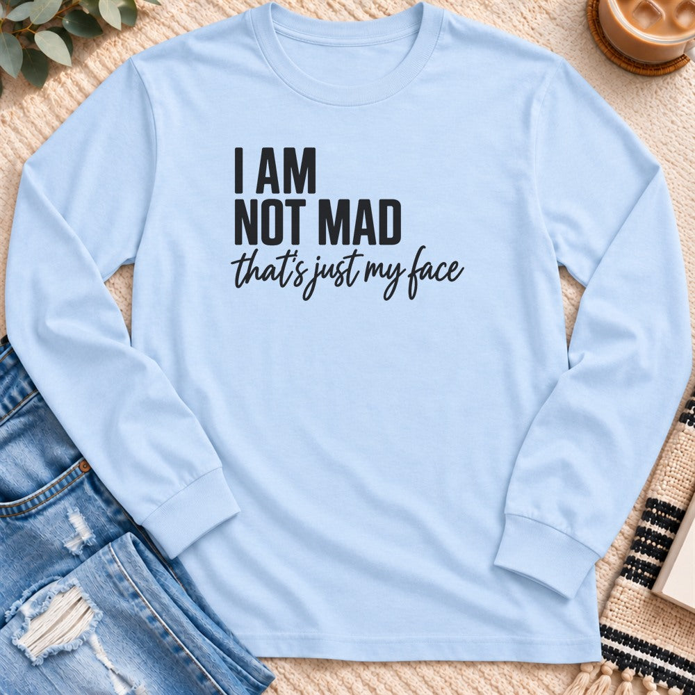I Am Not Mad, That's Just My Face Long Sleeve in Light Blue - Quiet Chaos Co unisex mental health long sleeve tee
