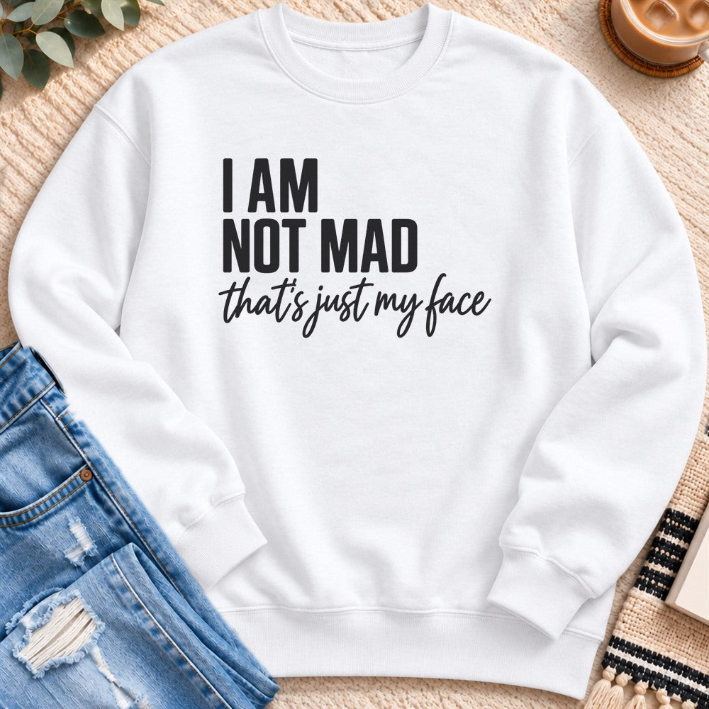 I Am Not Mad, That's Just My Face Sweatshirt in White - Quiet Chaos Co unisex mental health sweatshirt