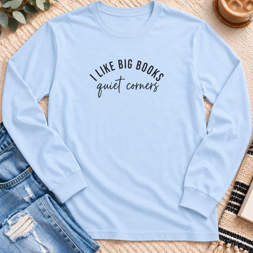 I Like Big Books, Quiet Corners Long Sleeve in Light Blue - Quiet Chaos Co unisex mental health long sleeve tee