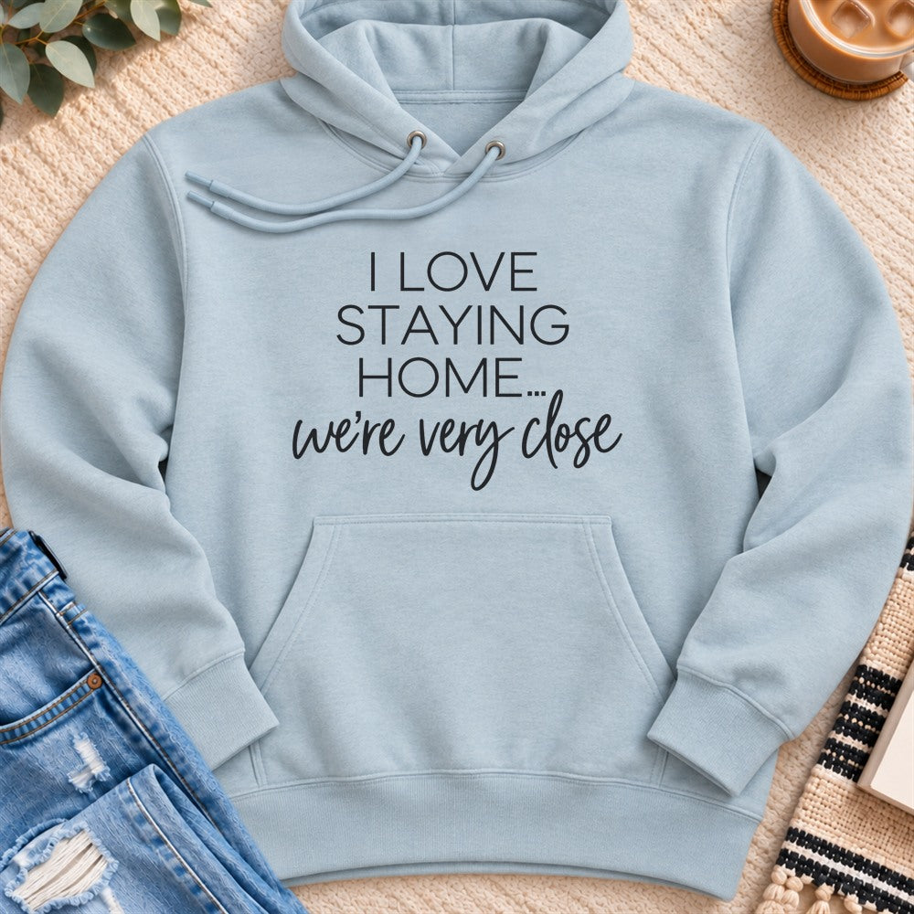 I Love Staying Home, We're Very Close Premium Hoodie in Blue Mist - Quiet Chaos Co unisex mental health hoodie