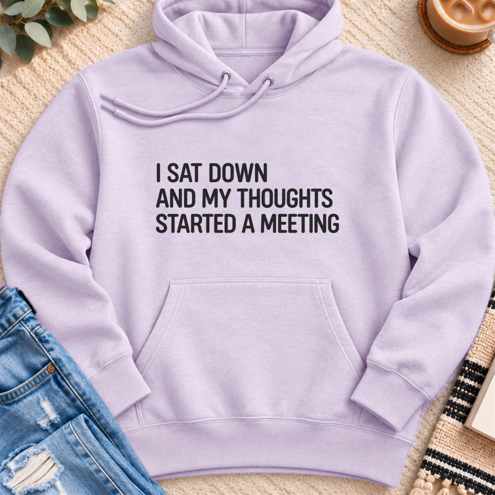 I Sat Down and My Thoughts Started a Meeting Premium Hoodie in Lilac - Quiet Chaos Co unisex mental health hoodie