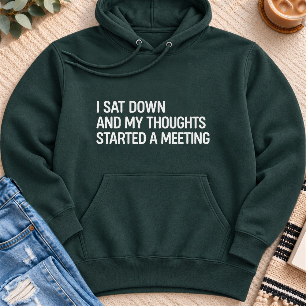I Sat Down and My Thoughts Started a Meeting Premium Hoodie in Sports Green - Quiet Chaos Co unisex mental health hoodie