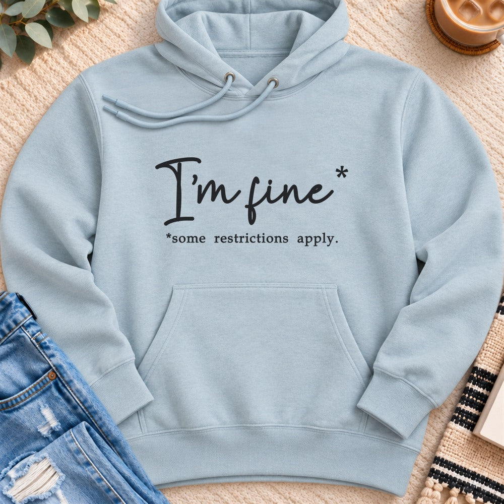 I'm Fine, Some Restrictions Apply Premium Hoodie in Blue Mist - Quiet Chaos Co unisex mental health hoodie