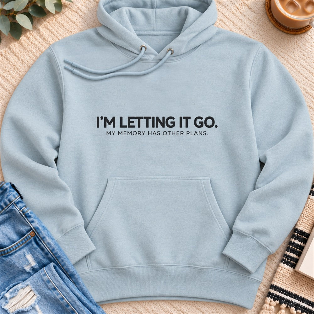 I'm Letting It Go, Memory Has Other Plans Premium Hoodie in Blue Mist - Quiet Chaos Co unisex mental health hoodie