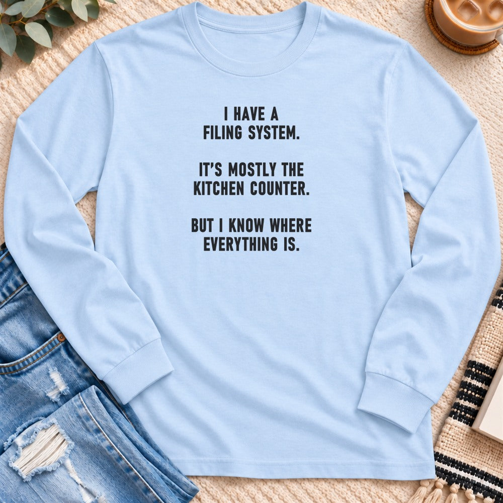My Filing System Is the Kitchen Counter Long Sleeve in Light Blue - Quiet Chaos Co unisex mental health long sleeve tee