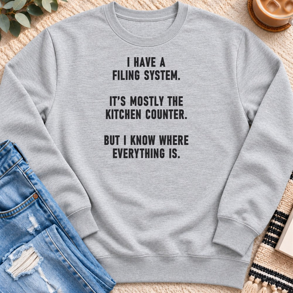 My Filing System Is the Kitchen Counter Sweatshirt in Heather Grey - Quiet Chaos Co unisex mental health sweatshirt